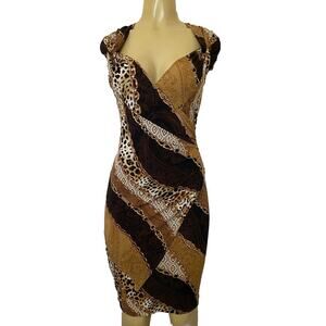 Cache Dress Sheath Cap Sleeve Faux Wrap Brown Chain Animal Surplice V ne…